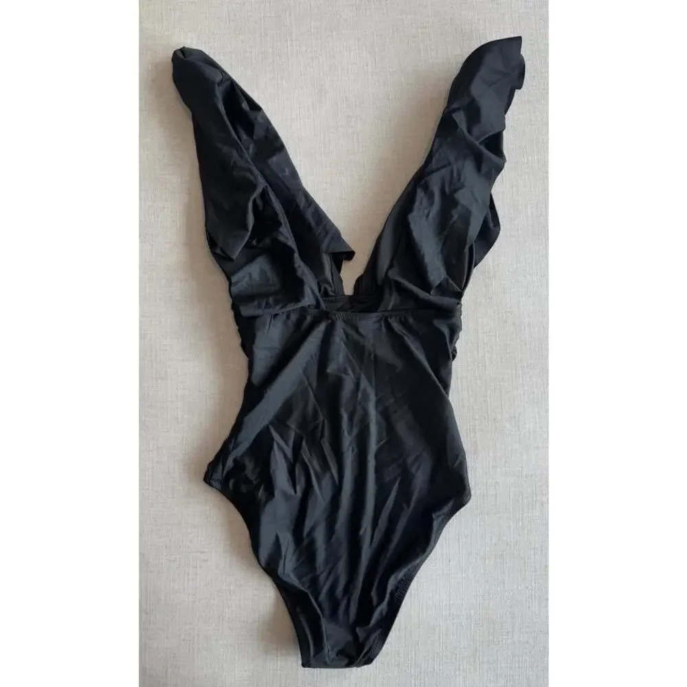 NWT J. Crew Ruched Ruffle One Piece Swimsuit Sz 4 Black Plunge V Neck Minimalist
